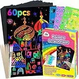 ZMLM 60 Stück Kratzbilder für Kinder und Erwachsene, Zauberhafte Kratzmotive Kratzpapier Set mit Magic Scratch Book, Holzstifte, Malschablonen zum Zeichnen und Basteln für Jungen Mädchen DIY