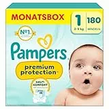 Pampers Premium Protection Größe 1, 180 Windeln, 2kg-5kg, Doppelter Schutz für die Haut und vor Auslaufen