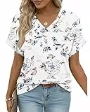 PLOKNRD Damen Lockere Passform V-Ausschnitt T-Shirt mit Rollärmeln Sommer Casual Tops Kurzarm Oberteile Weiß mit Blumenmuster XXL FBA