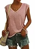 GeGekoko Damen T-Shirt Kurzarm V-Ausschnitt Flügelärmeln Oberteile Blusen Sommer Casual Lose Tank Top Basic Mädchen Tops Pink L