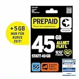 congstar Prepaid ALLNET L SIM-Karte ohne Vertrag I 45 GB Vielsurfer Prepaid-Paket in D-Netz-Qualität I 5G mit 25 Mbit/s + 12€ Startguthaben I Telefonie & SMS Flat in alle dt. Netze I EU-Roaming inkl.