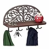 Relaxdays Wandgarderobe mit Ablage, Antik Design, 4 Doppelhaken, Schlüsselbrett, Gusseisen, HBT: 23x39x11,5 cm, braun