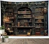 LB Wandteppich Vintage Bücherregal Wandtuch Magische braune Bücher auf Retro Regal mit grünen Blättern Wandbehang Hexen Bibliothek Tapisserie für Wohnzimmer Schlafzimmer Wohnheim Wanddeko,200x150cm