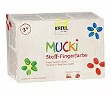KREUL 28420 - Mucki Stoff-Fingerfarbe, 6 x 150 ml Weiß, Gelb, Rot, Grün, Blau, Violett, leuchtkräftige Farben auf Wasserbasis für Kinder ab 2 Jahren