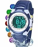Juboos Kinderuhr Junge Mädchen 5-16 Jahre,Digital Armbanduhr für Kinder 7 Farben LED-Licht,50M Wasserdicht, mit Alarm Stoppuhr,Der Riemen ist weich (Dunkelblau)