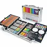 MIAOKE 145 TLG Malset, Malkasten, Deluxe Mega Aluminium Box & Zeichen-Kit mit Buntstifte, Marker, Acrylfarben, Wachsmalstifte, HB-Stifte, Aquarellkuchen, Pinsel, 18-Blatt-Skizzenblock