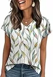 WIHOLL T-Shirts für Damen, V-Ausschnitt, Sommer-Top, kurzärmelig, lässiges T-Shirt, Buntes Blatt, XXL