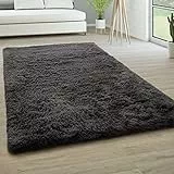 Paco Home Hochflor Teppich Wohnzimmer rutschfest Fellteppich Shaggy Flauschig Weich Modern Kunstfell Fell Imitat Einfarbig, Grösse:60x100 cm, Farbe:Anthrazit