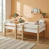 Bellabino Aspy Kinderbett 90x200 cm – Hochbett mit Rausfallschutz & Lattenrost – Halbhochbett mit Leiter aus Kiefer Massivholz in Weiß/Natur – Jugendbett für Jungen und Mädchen