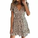 TSWRK Damen Kleider V-Ausschnitt Leopard Sommerkleid Freizeitkleid Rüschen Kurzarm A-Linie Kleider, Grün Khaki, XL