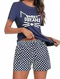 Uniexcosm Schlafanzug Damen Kurz Baumwolle Zweiteiliger Pyjama Set Kurzarm Nachtwäsche Wimperndruck Sleepwear Hausanzug Loungewear Stil 1:Marineblau M