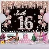 Sweet 16 Geburtstag Dekoration für Mädchen, Party Dekoration Schwarz und Roségold Stoffschild Hängeposter, 16. Geburtstag Hintergrund Banner Party Willkommensschild