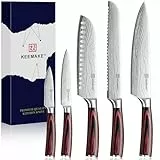KEEMAKE 5-teiliges Profi Messerset Küchenmesser Set aus scharfem Edelstahl - Japanisches Kochmesser Design mit Pakkaholz Griff, inkl. Santoku, Brotmesser & Geschenkbox, Vatertagsgeschenk für Papa