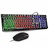 mafiti Tastatur und Maus Set, Kabelgebundenes, LED Hintergrundbeleuchtung QWERTZ (DE-Layout), Regenbogen Farben Beleuchtetung für Gaming und Büro