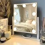 LuxeVue Schminkspiegel mit Beleuchtung –Kosmetikspiegel mit 3 Farbmodi, Touchsensor, 360° drehbarem Metallrahmen, abnehmbarem 3,5' 15-Fach-Vergrößerungsspiegel, 14,5', Weiß – Geschenkbereit für Sie
