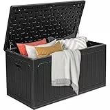 DWVO 340L Resin Aufbewahrungsbox für Außen, Doppelwandige wasserdichte Gartenbox mit Holzmaserung, Abschließbare Aufbewahrungsbox als Tisch oder Sitzbank (204 kg Belastbarkeit) – Schwarz