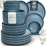 Steingut Geschirrset 12 Pers. 48-tlg Hochwertiges Urban Style TEST SEHR GUT Steingut Geschirr Set - Schüssel- und Teller Set - Tafelservice 12 Personen Geschirrsets Pure Living in matt Blau
