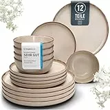 Steingut Geschirrset 4 Personen Rustic 12 tlg. TESTSIEGER, Hochwertiges Landhaussttil Steingut Geschirr Set, Schüssel- und Teller Set, Tafelservice 4 Personen, Geschirrsets Pure Living in Beige