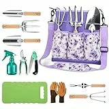 Grenebo Garten Werkzeug Set, 11-teilig Heavy Duty Gartengeräte mit Ergonomic Canvas Shoulder Crossbody Bag, Rost-Proof Premium Garten Werkzeug Set, Gartenarbeit Geschenk für Frauen Männer (Violett)