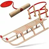 Explorer Colint Holzschlitten mit Rückenlehne für Kinder ab 1 Jahr und Erwachsene Set Schlitten Davos mit Leine und Kunststoff/Holz Lehne in Rot 110cm Alpina Fun