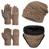 Maylisacc 4Pcs Winter Mütze Hut Loop Schal und Gestrickte Touchscreen Handschuhe & Fingerlose Handschuhe Warme Beanie Mütze Winter Set für Männer Frauen Braun