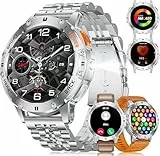 ESFOE Smartwatch Herren - 1,43‘’ AMOLED Display/Taschenlampe/530mAh Akku Fitnessuhr mit 120+ Sportmodi/5ATM Wasserdicht/Bluetooth-Anrufe,Blutdruck/Herzfrequenz/SpO2/Schlafmonitor Silber
