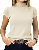 Saodimallsu Damen Pullover Kurzarm Sommer Strickpullover mit Stehkragen Einfarbig Slim Fit T-Shirt Oberteile Leicht Basic Strickshirts Aprikose M
