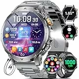 HIRREO EF24 Herren Smartwatch Militär mit LED-Taschenlampe, 1,85 Zoll HD Fitnessuhr, 1000mAh Akku, 100 Sportmodi, IP68 Wasserdicht, 3 Armbänder, USB- und Typ-C-Ladekabel, für Android iOS, Schwarz