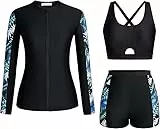 Kate Kasin Damen Bademode mit Blumenmuster 3 Teilig Rashguard Reißverschluss-Shirts Boyshort Sonnenschutz Wassersport Tankini Set zum Surfen Schwimmen Schwarzgrüne Blätter L