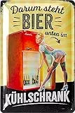 LANOLU Retro Blechschild Bier DARUM STEHT BIER UNTEN lustige Schilder Bar Dekoration für Partykeller, Kneipen Bardeko für Stammtisch, Geschenkidee Vatertag 20x30cm