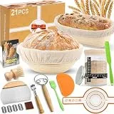HELISAN 21-Teiliges Sauerteig Starter Set mit 2 Gärkörbchen (23cm Runde & 25cm Ovale), 900ml Glasgefäß zur Sauerteiggärung, Komplettes Brot Backen Zubehör für Einsteiger & Erfahrener Bäcker