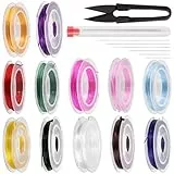 Glarks 12Rolls Elastisches Armband String Cord Set, 12-Farben Stretch Elastische String Cord mit U-Schere und 5Pcs Perlen Nadeln für DIY Schmuck Herstellung