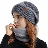 Figarge Strickmütze Wintermütze Schal Damen Herren Warme Weich Beanie Mütze Loop Schal Set Warm Weichem Innenfutter Strickmütze und Schal mit Fleecefutter Gestrickt für Herbst Winter