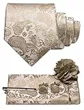 JEMYGINS Herren Paisley Krawatte mit Einstecktuch Krawattenklammer Blumenbrosche und Manschettenknöpfen Set khaki