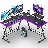 Yornoli Gaming Tisch L Form, Gaming Schreibtisch mit LED & Monitorablage, 129 cm Eckschreibtisch mit Tassenhalter & Kopfhörer Haken, Computertisch Kohlefaser Schwarz