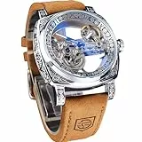 FORSINING Fancy Uhren für Männer, quadratische Retro mechanische Uhr Self-Wind geschnitzt, Gear Uhrwerk Golden Skelett Luxus Automatische Uhren Vintage Lederarmband Armbanduhr (Silver)