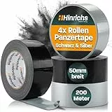 Hinrichs Panzertape silber/schwarz - 4 Rollen 50m x 50mm Gewebeband - extra starkes Klebeband - wasserdichtes Panzerband - breites Gewebeklebeband schwarz/grau - Duct Tape für Innen und Außen