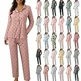 Generisch Schlafanzug Loungewear Zweiteiler Lang Pyjama Damen,Langarm Revers Knopfleiste Schlafanzug Set mit Polka-Dots Plaid Print Lounge Bequem Zweiteiliger Nachtwäsche Hausanzug I M