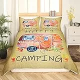 Homewish Aquarell Happy Camping Bettwäsche Set 135 x 200 für Kinder, Jungen, Mädchen, Erwachsene - Niedlicher Rustikaler Bauernhaus Bettbezug, Retro Reise Camper Wohnmobil Dekor