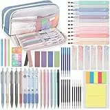 DazSpirit Stationery 61 Stück Schulzubehör mit Mäppchen, 12 Textmarker Pastell, 4 Radierbarer Stifte, 5 Gel Stifte, 6 Druckbleistifte, Back To School Stuff, Office Essentials, Schreibwaren Set (Blau)