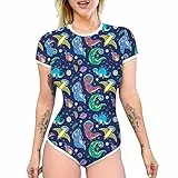IBAKOM Damen Kurzarm Pyjama Body Niedlicher Print Einteiler Strampler Trikot Nachtwäsche Pyjamas Pj Teddy Overall Schlafanzug Oberteile Königsblau S