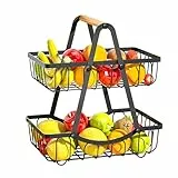 2 Stöckig Obstkorb Etagere, Obstschale Metall Schwarz mit Holzgriff, 2 Etagen Obstschale Moderne für Obst, Gemüse, Snacks, Brot, Küche, Eckregal Stehend Aufbewahrung Küche