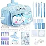 OPPZZIT Gelstifte Set Kawaii, 26 Stück Aesthetic Schreibwaren Set Kinder mit 1 Blauem Federmäppchen, 5 Gelstiften, 4 Textmarkers, 6 Korrekturbänders, Kawaii Schulbedarf & Geschenk für Mädchen, Schüler