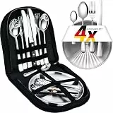 Camping Geschirr Set für 4 Personen – Besteckset mit Edelstahltellern, Gabeln, Messern und Löffeln – Tragbares Besteck für Outdoor, Picknick, Wohnmobil und Grillen. [23-teilig/Inkl. 4 Teelöffel]