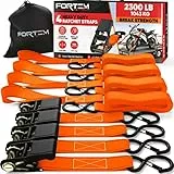 FORTEM Spanngurte - 1043 kg Bruchfestigkeit, 4 x 4,57 m Mit Ratsche - 4 Weiche Zurrschlaufen, Zurrgurte Mit Haken Aus Beschichtetem Metall - Gummigriffe - Tasche (Orange)