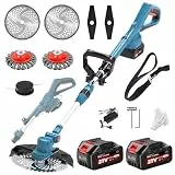 Rasentrimmer für Makita-Akkus mit 4 Klingentypen, Rasentrimmer mit Akku 2 4,0Ah und Unkrautbürste, 180° Faltbar, 750w Bürstenloser Akku Freischneider für Garten Trimming, Blau