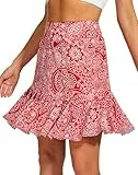 M MOTEEPI Tennisrock Damen Hosenrock Skirts Skort 19' Knielang Ruffle Saum Rock mit Hose Drunter Rock Damen Fahrradrock Golfrock Hohe Taille mit 3 Taschen Rotes Paisley M