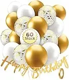 60er Set Luftballons Geburtstag mit Happy Birthday Banner - all-in-one Geburtstagsdeko - Deko Geburtstag - Ballons Geburtstag - Weiß Gold