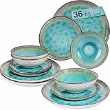 SÄNGER | Tafelservice Capri 36 tlg, Teller Set 12 Personen, Steingut Essgeschirr Plates Set Dessertteller Speiseteller & Schüsseln, Teller Handmade, Essservice Türkis Blau mit Grauem Rand