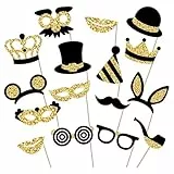 DazzJoy 16 Stück Schwarzes Gold Fotobox Accessoires Hochzeit,Glitzer Fotobox Requisiten Fotoautomat,Party Foto Requisiten Hochzeit Party Deko